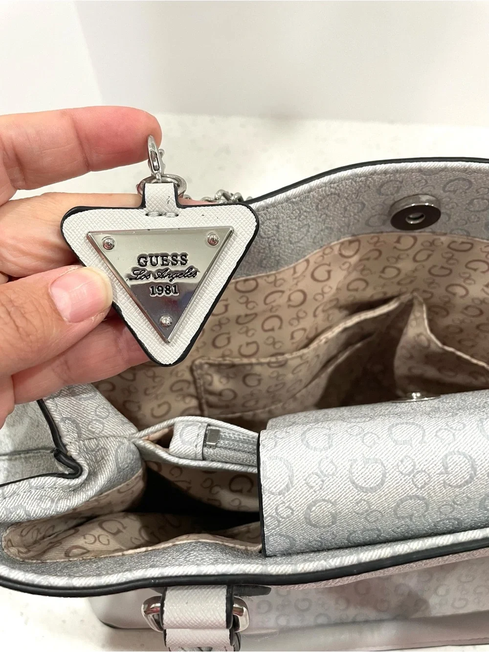 GUESS White Logo-Print Satchel with Silver Hardware